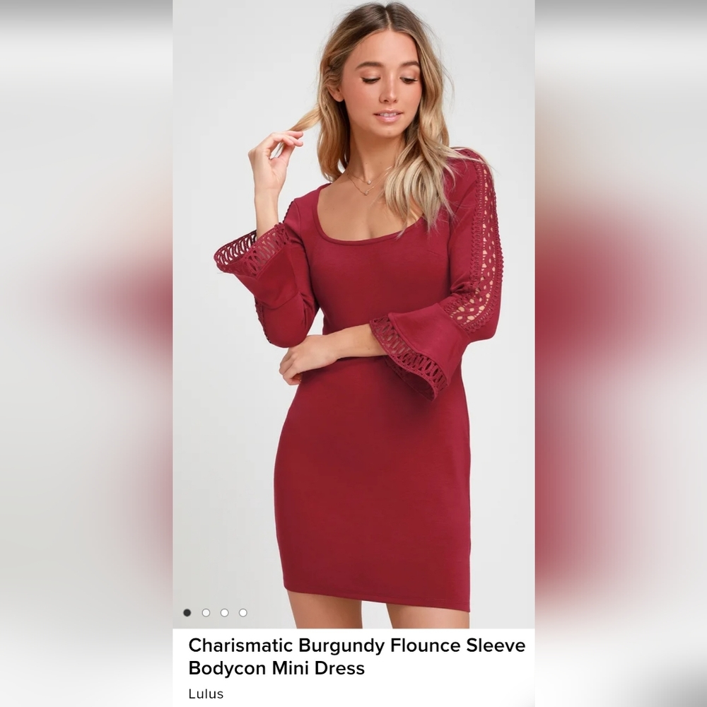 NWT Lulus burgundy mini dress with lace detailed bell sleeves, ladies size Med
